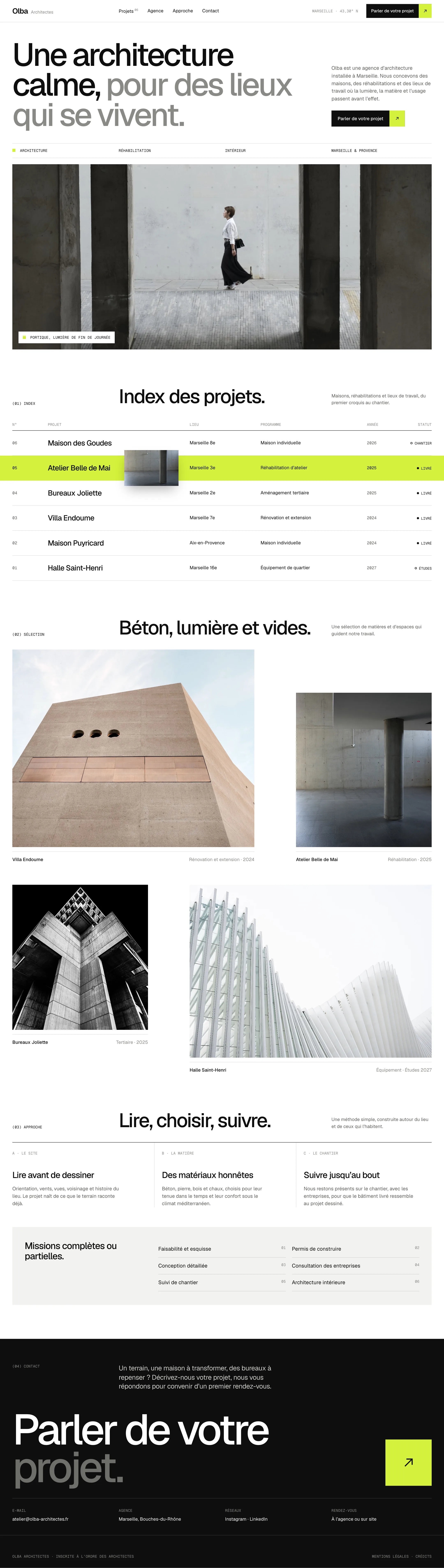 Page d'accueil refaite de Olba Architectes