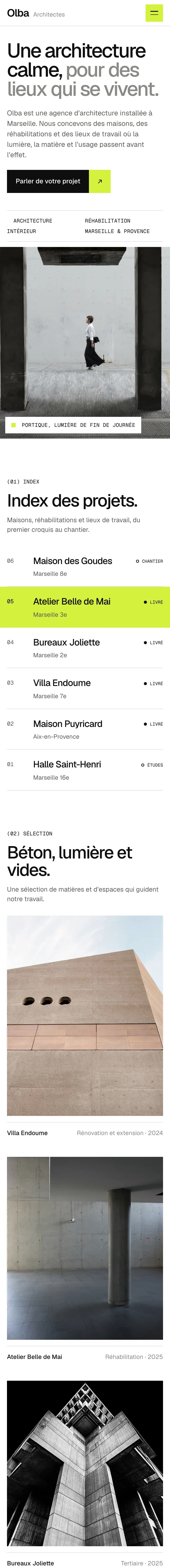 Olba Architectes, page complète sur mobile